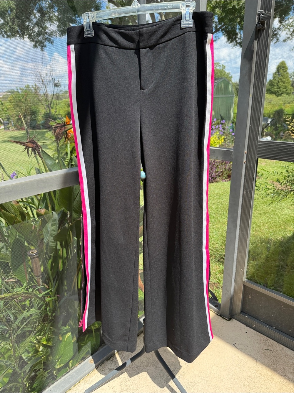 INC International Concepts Black Wide-Leg Pants with Pink and White Side Stripes
